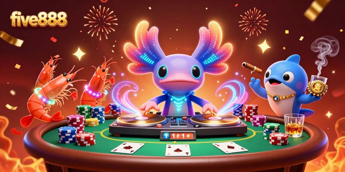 Experience thrilling gameplay with five888 at this vibrant casino scene featuring dynamic characters.