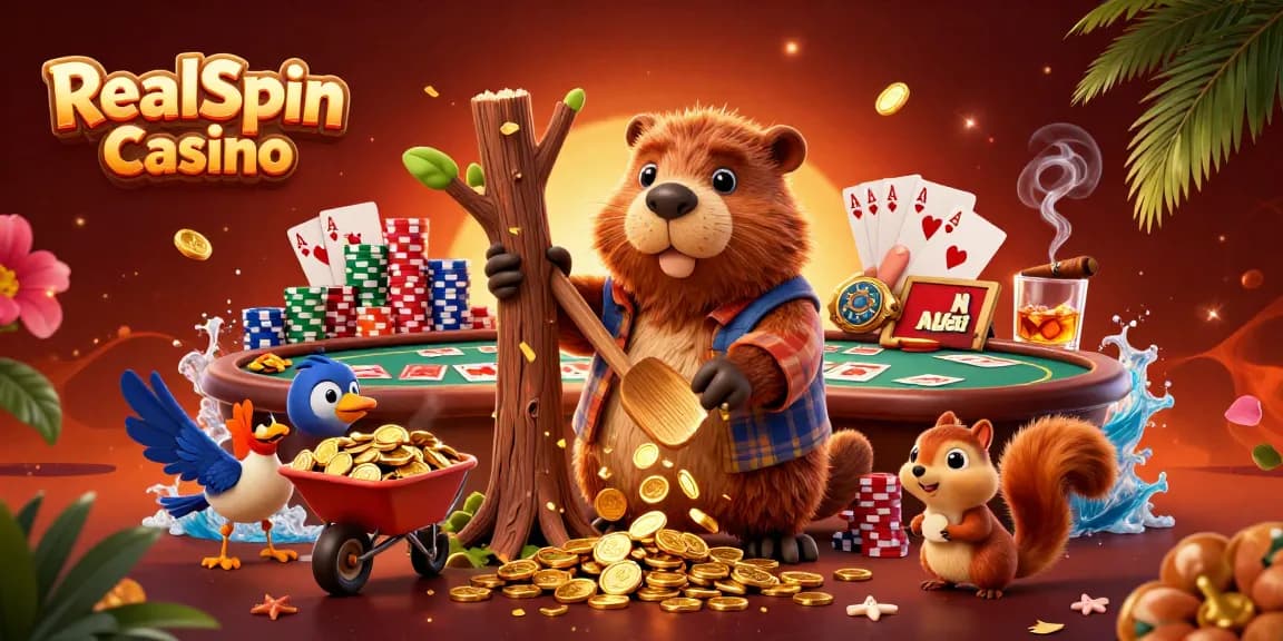 Experience exciting wins at RealSpin Casino with a lively 3D scene of a beaver collecting golden coins!