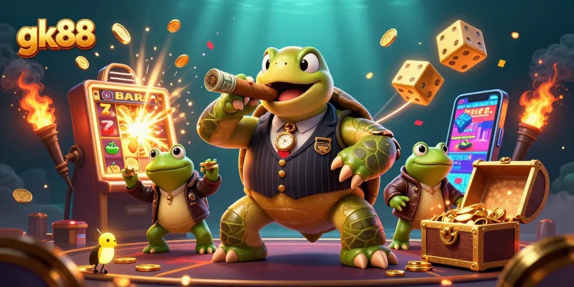 Experience the excitement of gk88 with a cartoon turtle in a casino scene, showcasing the thrill of jackpots.