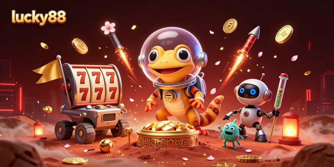 Engage in the excitement of lucky88 with a Martian gecko discovering a gold casino amidst glowing elements.