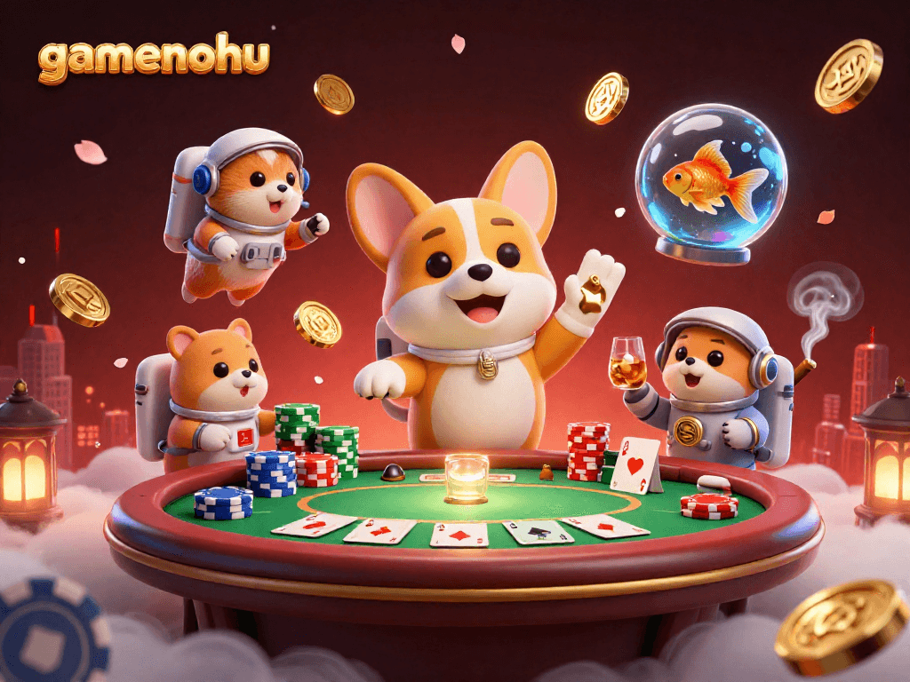 Experience thrilling adventures with gamenohu, featuring a cartoon astronaut corgi and casino elements.