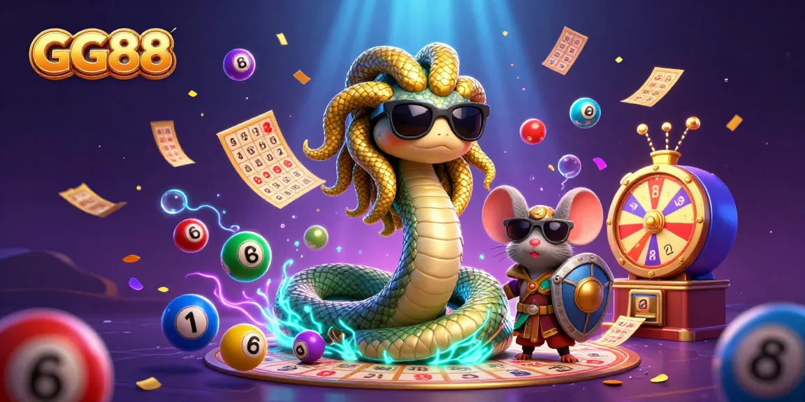 Engage and win with dynamic GG88 gaming, featuring vibrant lottery balls and a playful Medusa character.