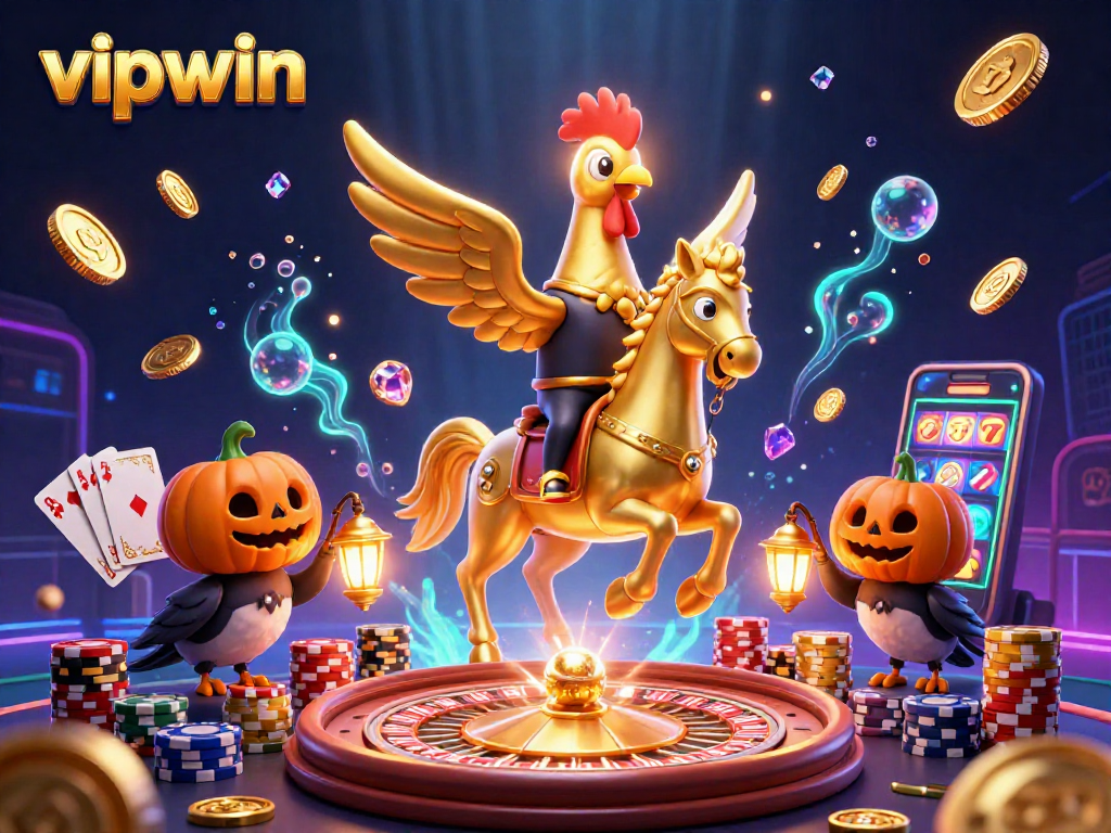 Experience the excitement of vipwin with a golden rooster riding through a vibrant casino scene.