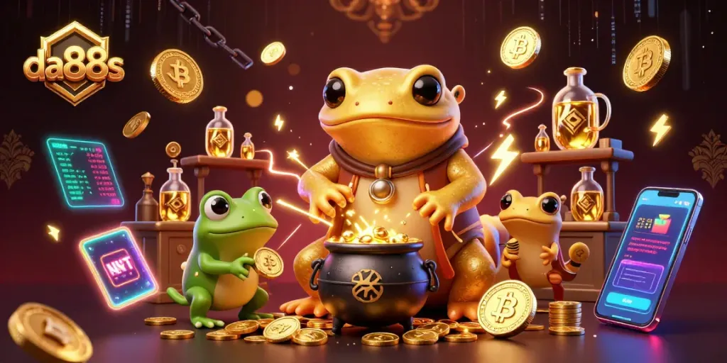 Experience da88s with a vibrant illustration of a magical alchemist turning metals into coins amidst dynamic crypto elements.