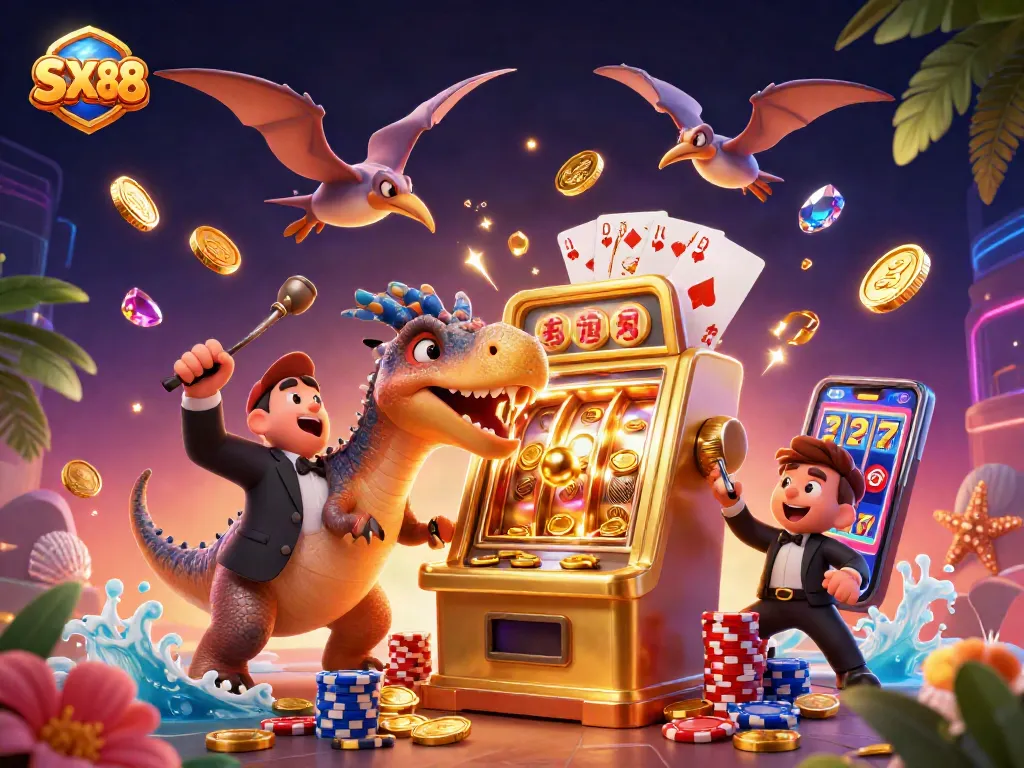 SX88 depicts a pachycephalosaurus triggering a jackpot at a slot machine as coins cascade around in a lively casino scene.