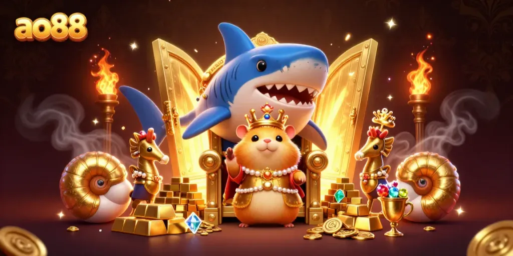 Win big at ao88 with the golden hamster king and treasure-filled casino scene.