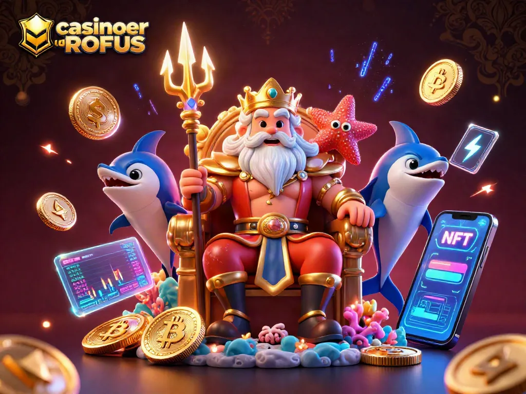 Engage with casinoer uden ROFUS in a vibrant 3D illustration featuring Neptune and crypto elements.