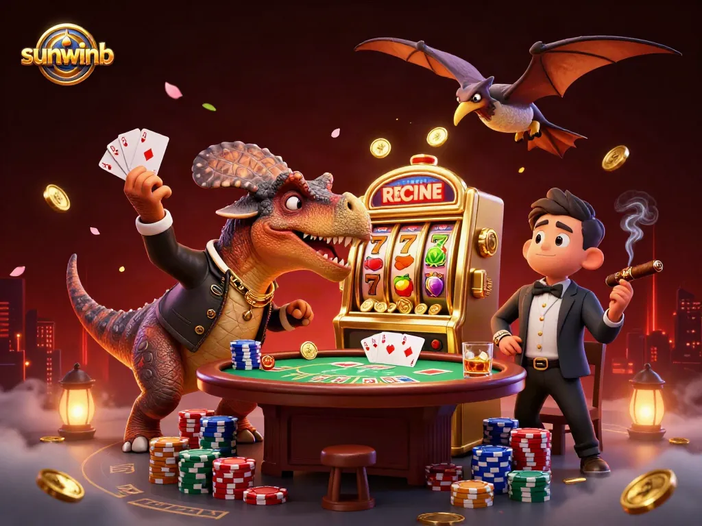 Experience the excitement of sunwinb as a pachycephalosaurus hits a slot machine, coins flying everywhere.
