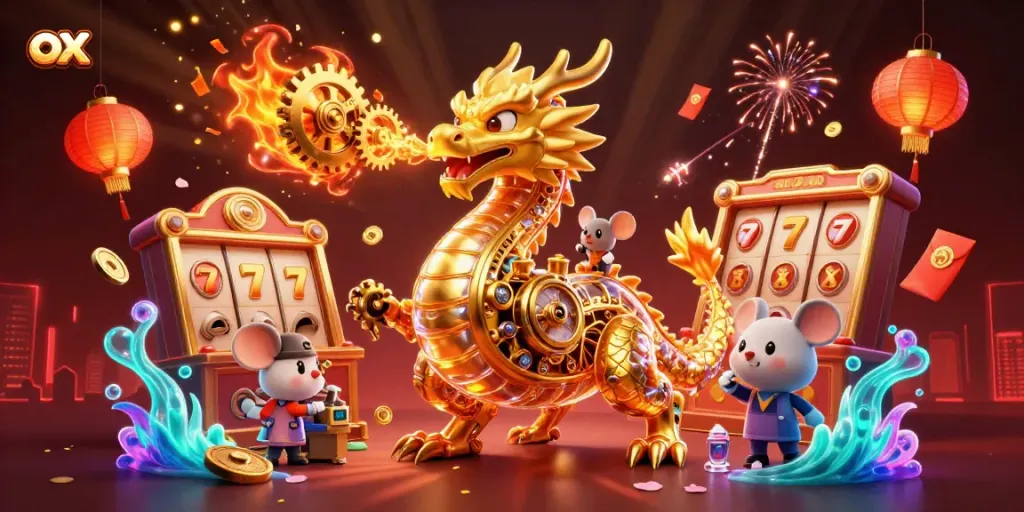 Experience thrilling action at ox bet with a golden dragon, slots, and festive elements.