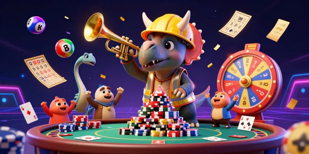 Join the HIT CLUB with a vibrant casino scene featuring a triceratops and thrilling games.