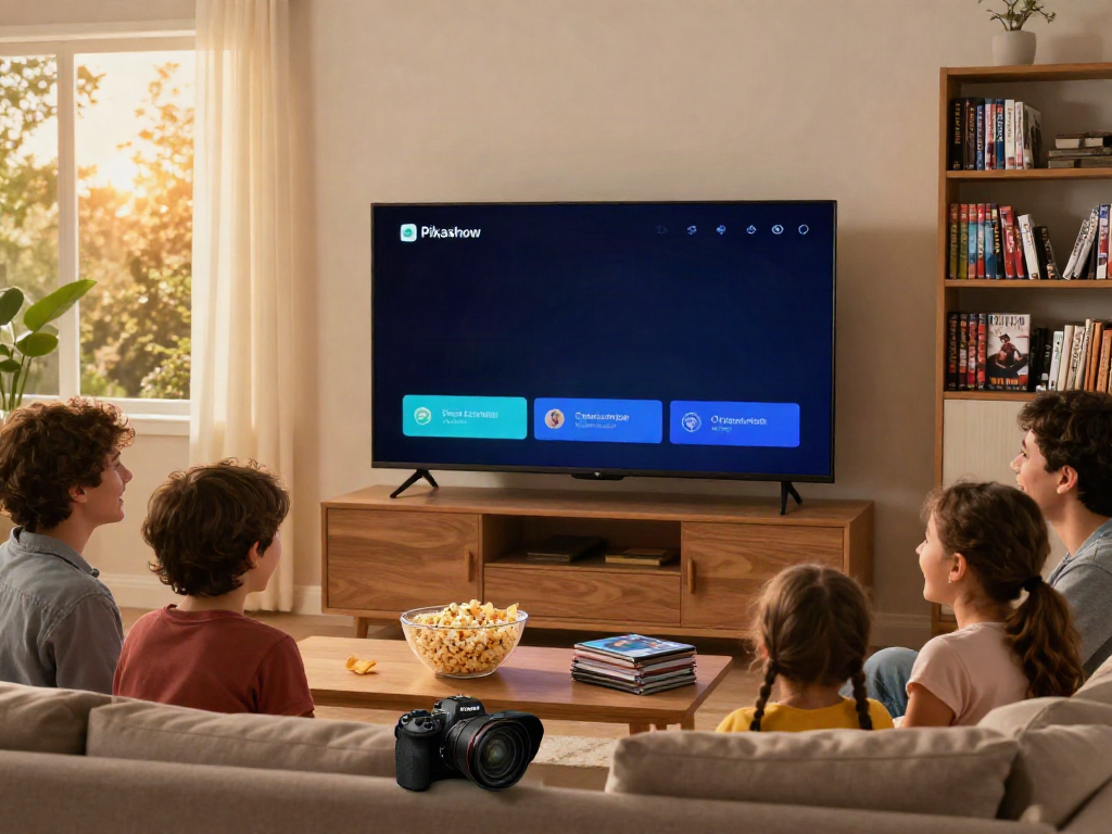 Family enjoying movies on the Pikashow APK in a cozy living room setting.