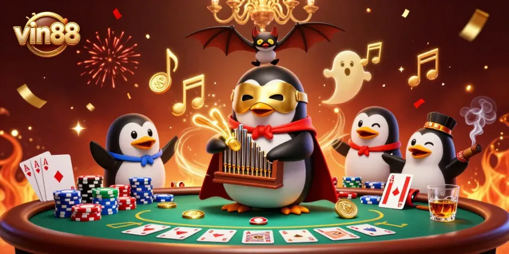 Experience thrilling gameplay at vin88 with a vibrant 3D casino scene featuring animated characters and poker elements.
