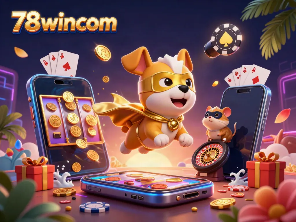Join the action at 78wincom with a superhero dog and sidekick amid a bustling casino scene.