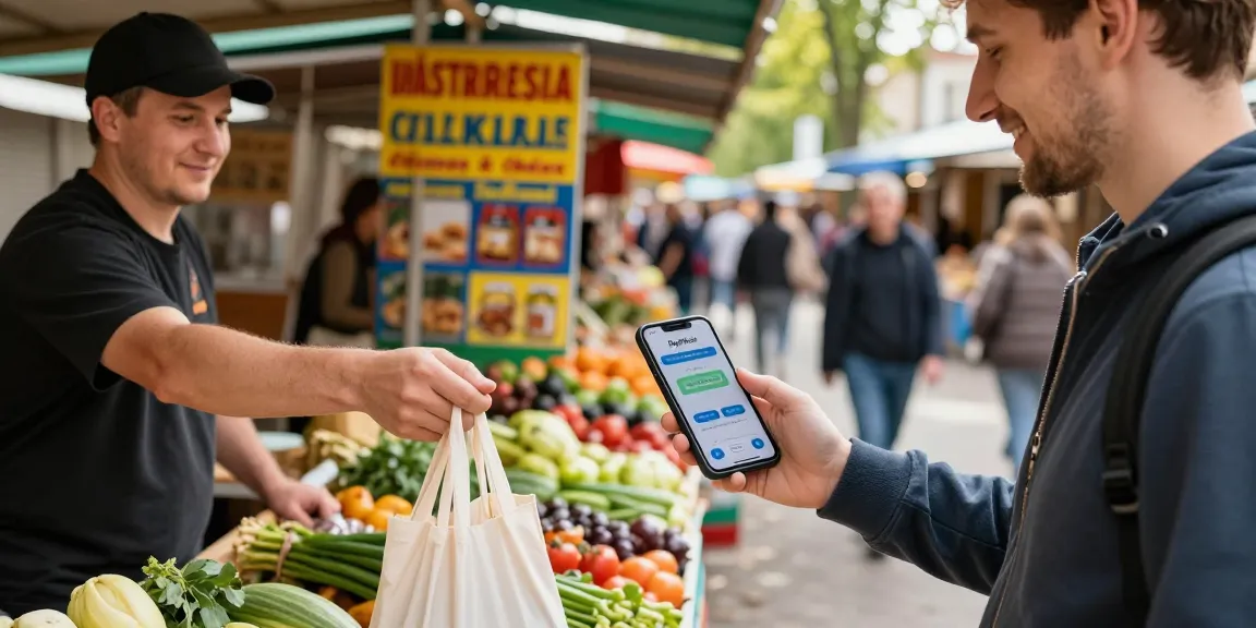 Een toerist maakt gebruik van https://payinrussia.com/ om lokaal in Rusland te betalen, omringd door kleurrijke marktkramen.