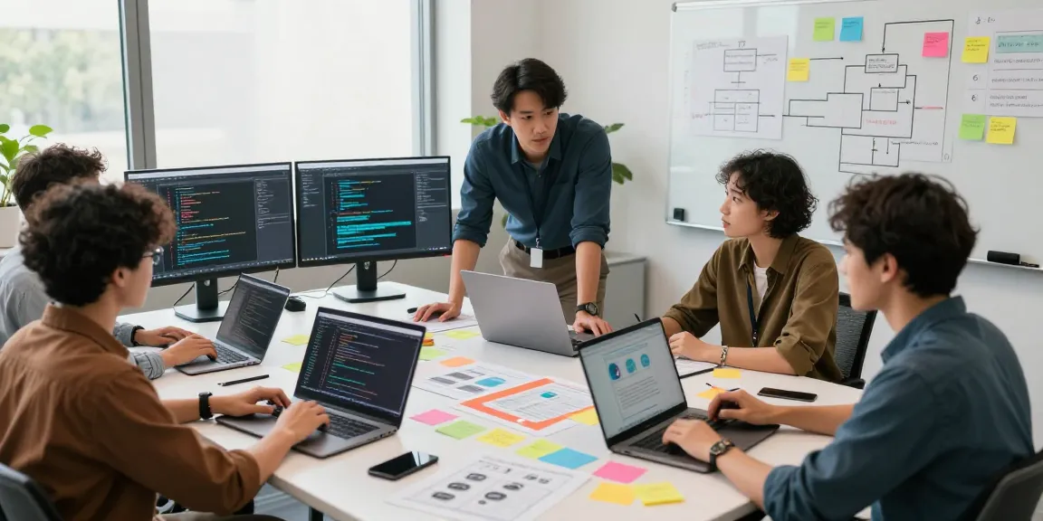 Building internal tools with AI in a collaborative workspace, showcasing a diverse team engaged in development.