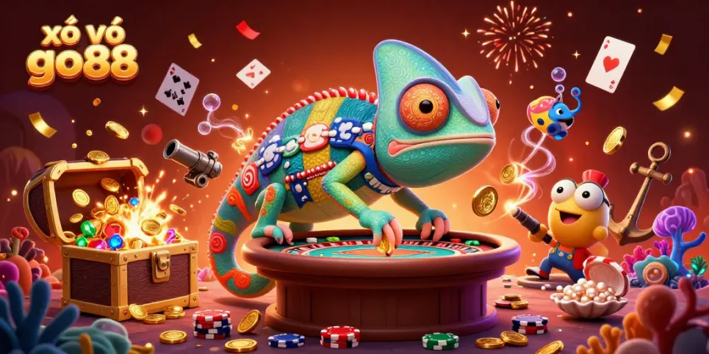Experience the excitement of xổ số go88 with vibrant casino elements, golden coins, and prizes in a lively digital scene.