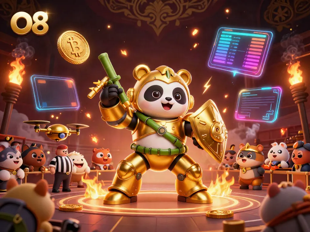 O8 attracts players to exciting casino adventures with a vivid 3D illustration featuring a panda robot amidst animated crypto coins.