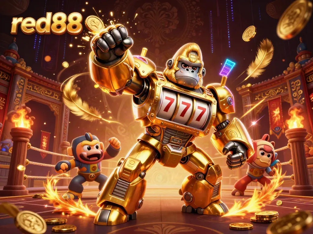 Experience excitement with the red88 golden gorilla mech celebrating winnings amidst slot reels and casino elements.