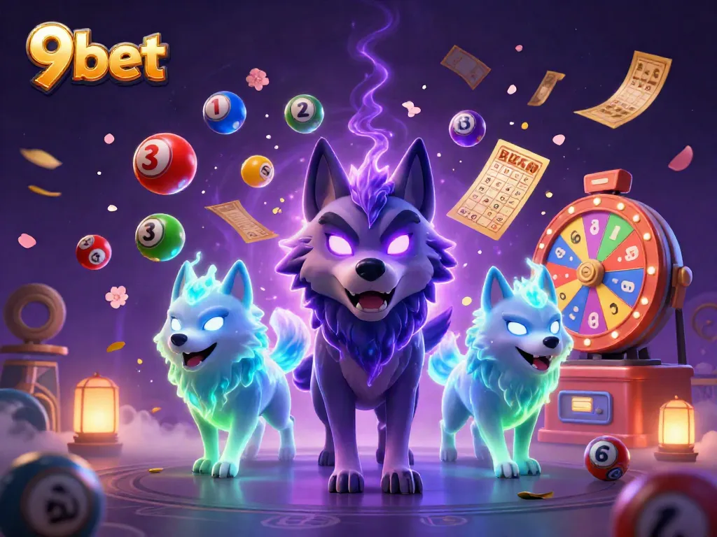 Engage in thrilling action with 9bet's vibrant, dynamic gambling scene featuring wolves and lottery elements.