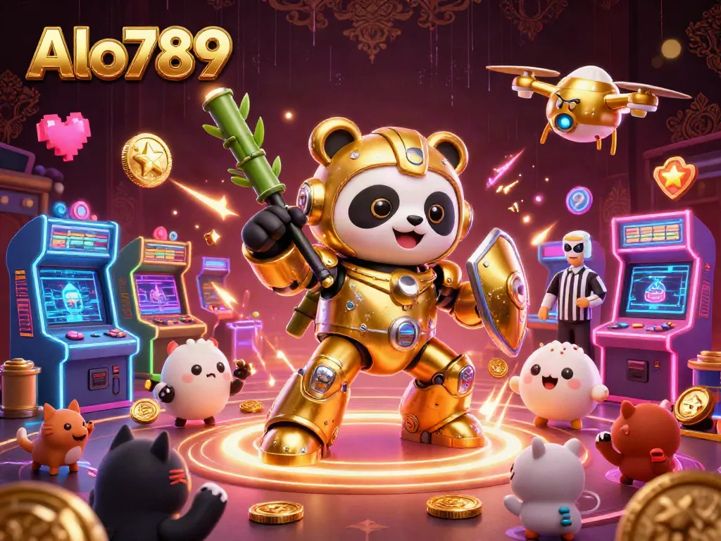 Alo789 showcases a dynamic 3D illustration of a golden panda in a mech-suit engaging in an exciting gaming arena.