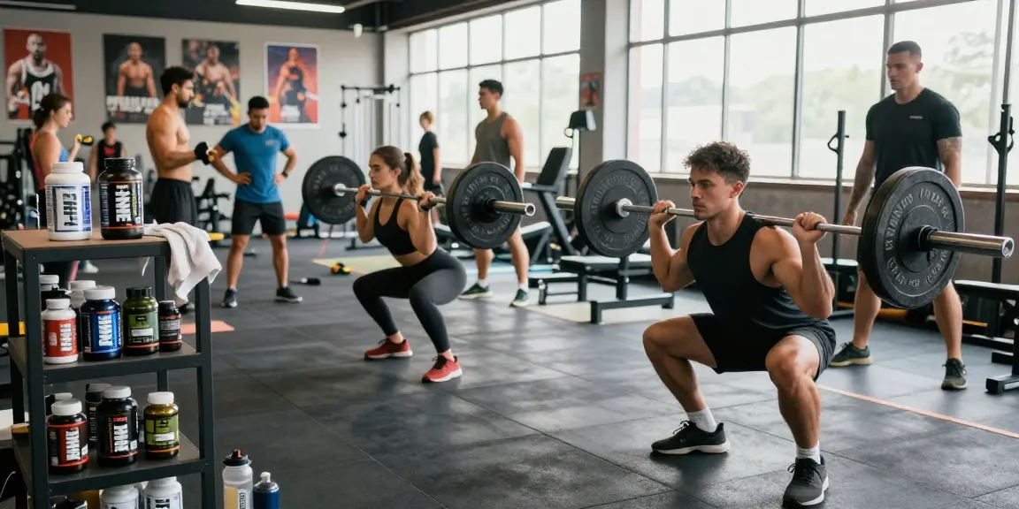 Prime Pharma Steroiden Winkel met diverse sporters die intensief trainen in een moderne sportschool met veel natuurlijk licht.
