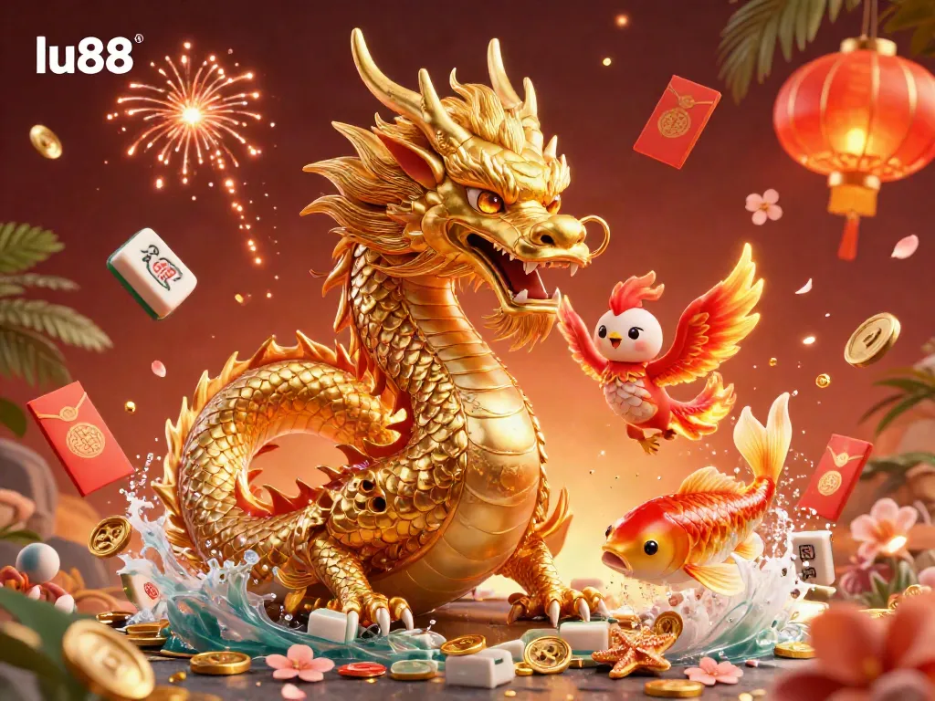 Experience the excitement of lu88 with vivid casino-themed elements, including a dragon and phoenix amidst a shower of coins.