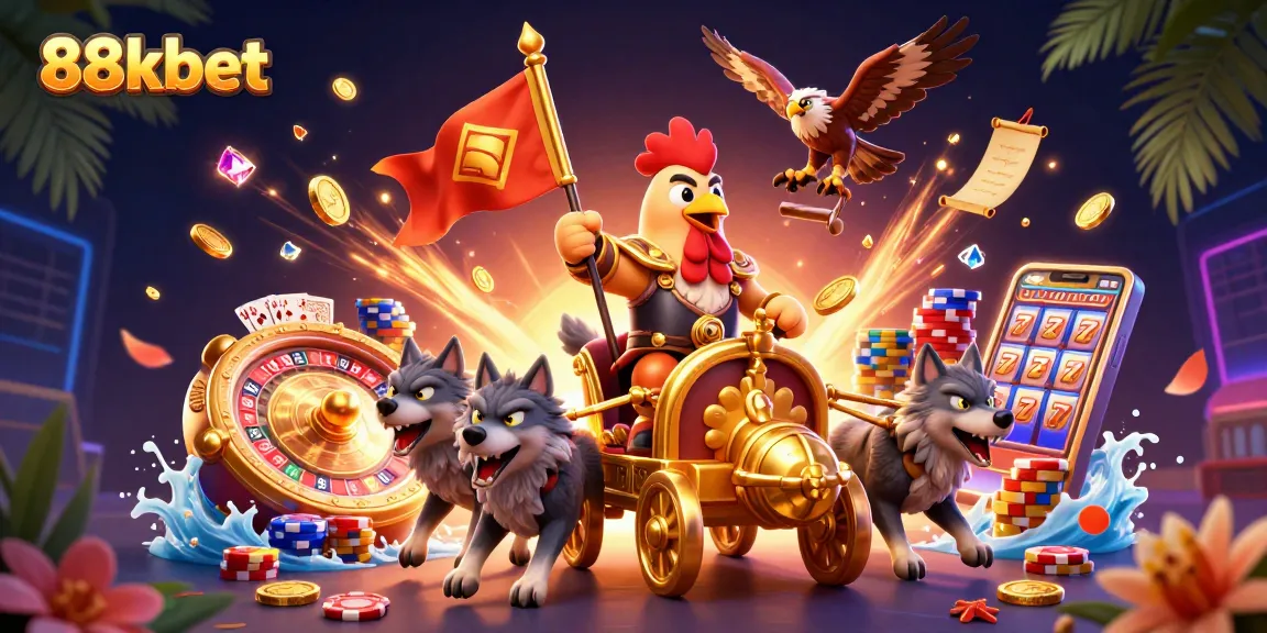Experience thrilling gaming with the 88kbet warlord riding into battle surrounded by casino elements.