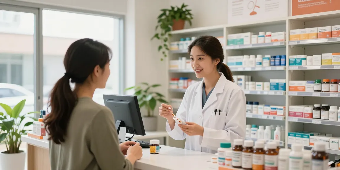 Professionele apotheek scène bij Unique Pharma Shop met klant en farmaceut.