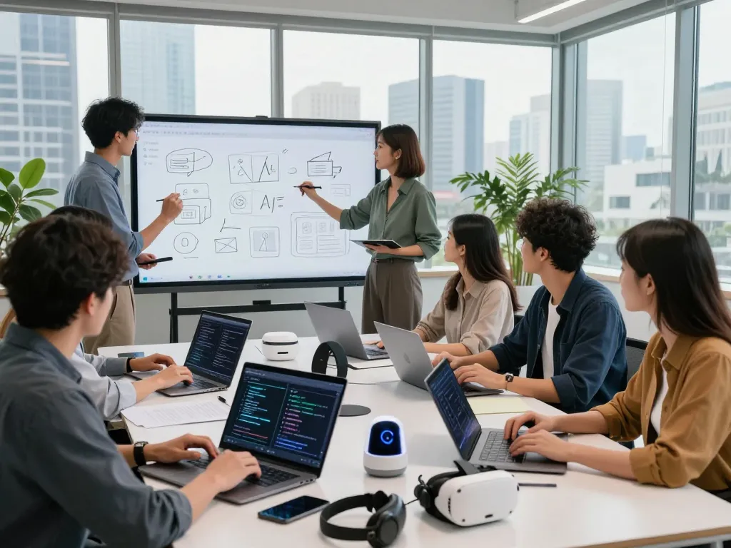 Collaborative team brainstorming in a tech workspace featuring juicy ai innovations and modern gadgets.