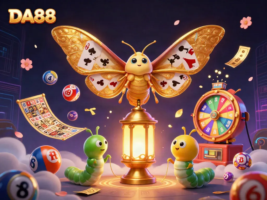 Engage with DA88, showcasing a vibrant casino scene filled with lottery elements and golden prizes.