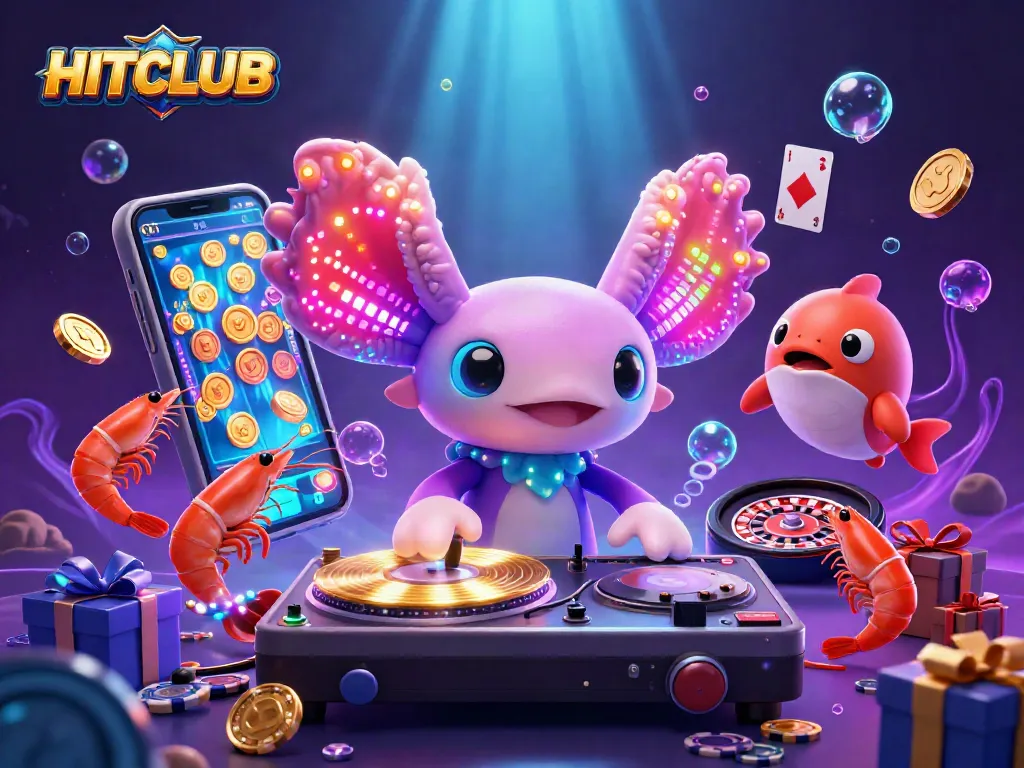 HITCLUB showcases a vibrant underwater casino party featuring a DJ axolotl, excitement of spinning slot games.