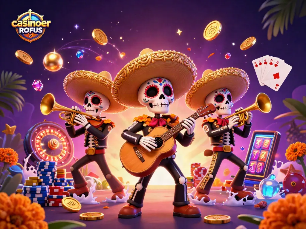 Experience excitement with casinoer uden ROFUS featuring mariachi skeletons amidst vibrant casino elements.