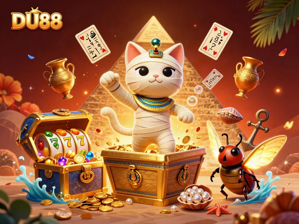 Win big with DU88 as a mummy cat and scarab beetle discover riches in a vibrant casino.