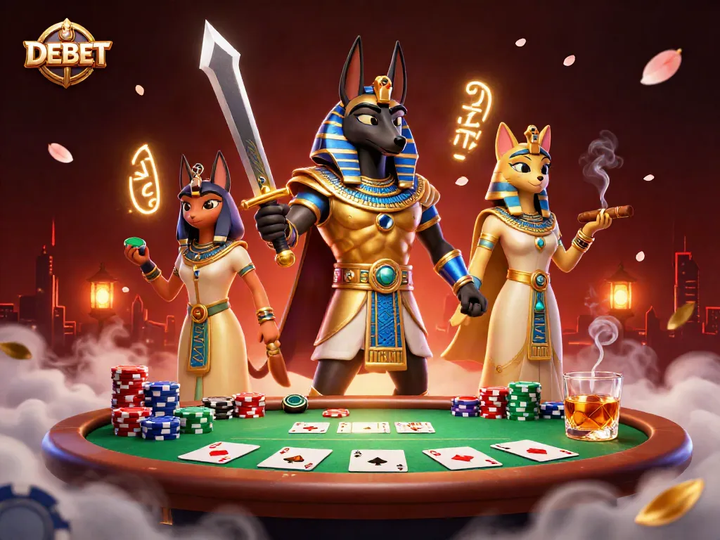 Engage with DEBET betting action as Anubis and Bastet bring excitement to the casino atmosphere.