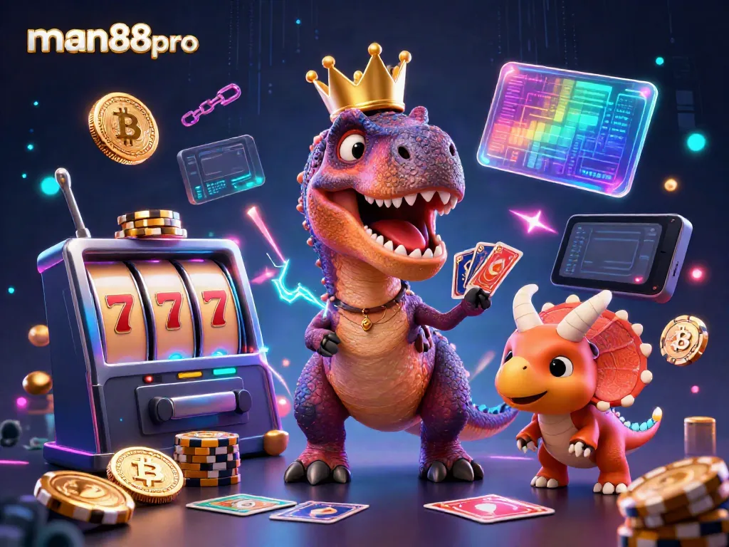 Enjoy thrilling gameplay with man88pro in this vibrant casino world featuring a T-Rex and fun characters.