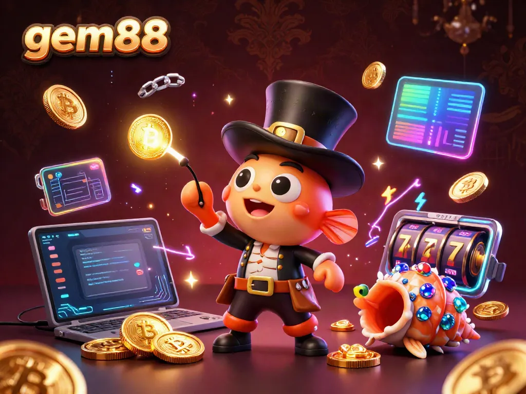 Experience excitement at gem88 with a vibrant casino scene featuring playful underwater characters amidst glowing coins and slot machines.