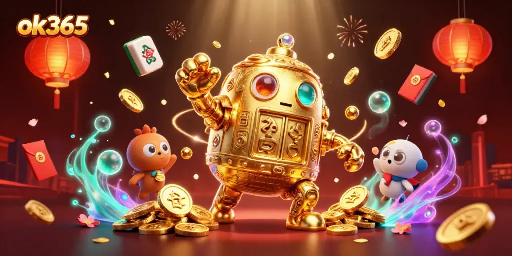 Experience thrilling gameplay at ok365 with a golden golem and vibrant casino elements.