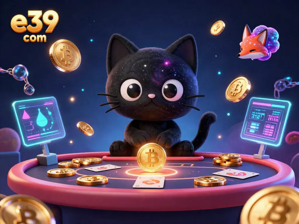 Join the excitement at e39 com with a cosmic casino scene featuring a black hole cat and neon cryptocurrency elements.