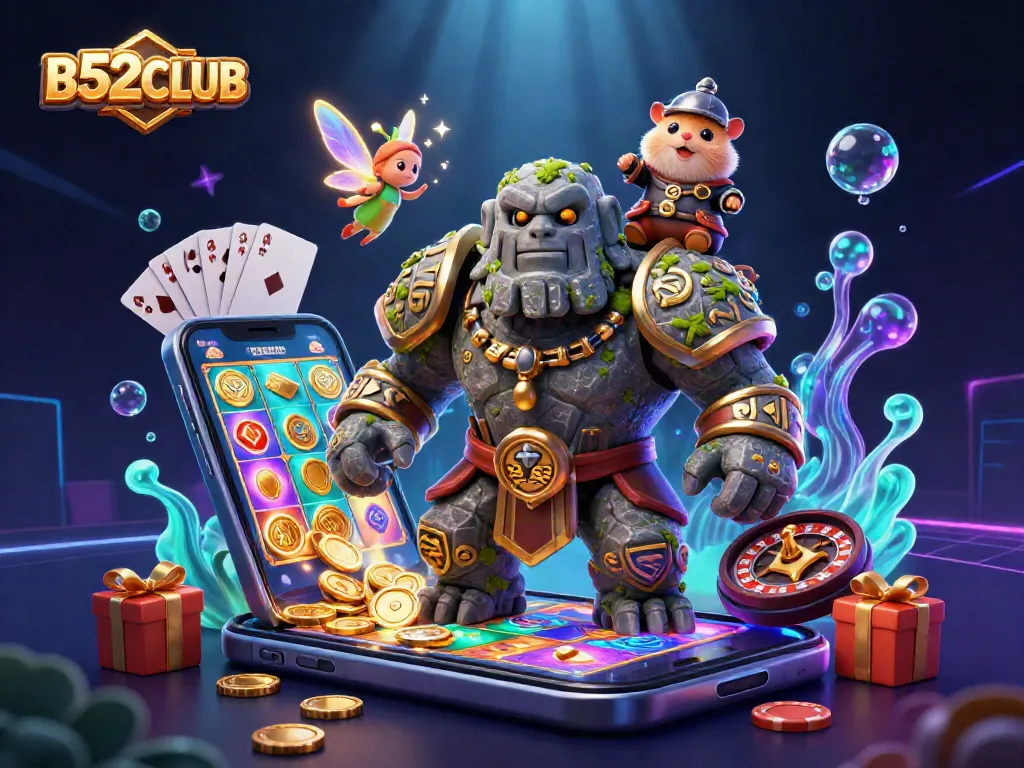 B52CLUB showcases vibrant gaming elements with a golem guardian and whimsical companions, inviting players to win!