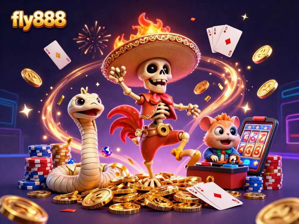 Experience thrilling wins at fly888 with a dynamic casino scene featuring lively characters.