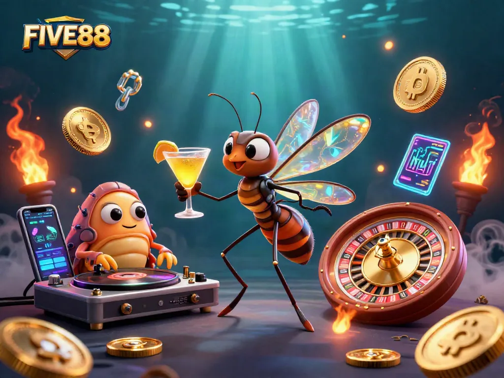 Engage with FIVE88's vibrant casino world represented by a cartoon mosquito mascot and unique gaming elements.