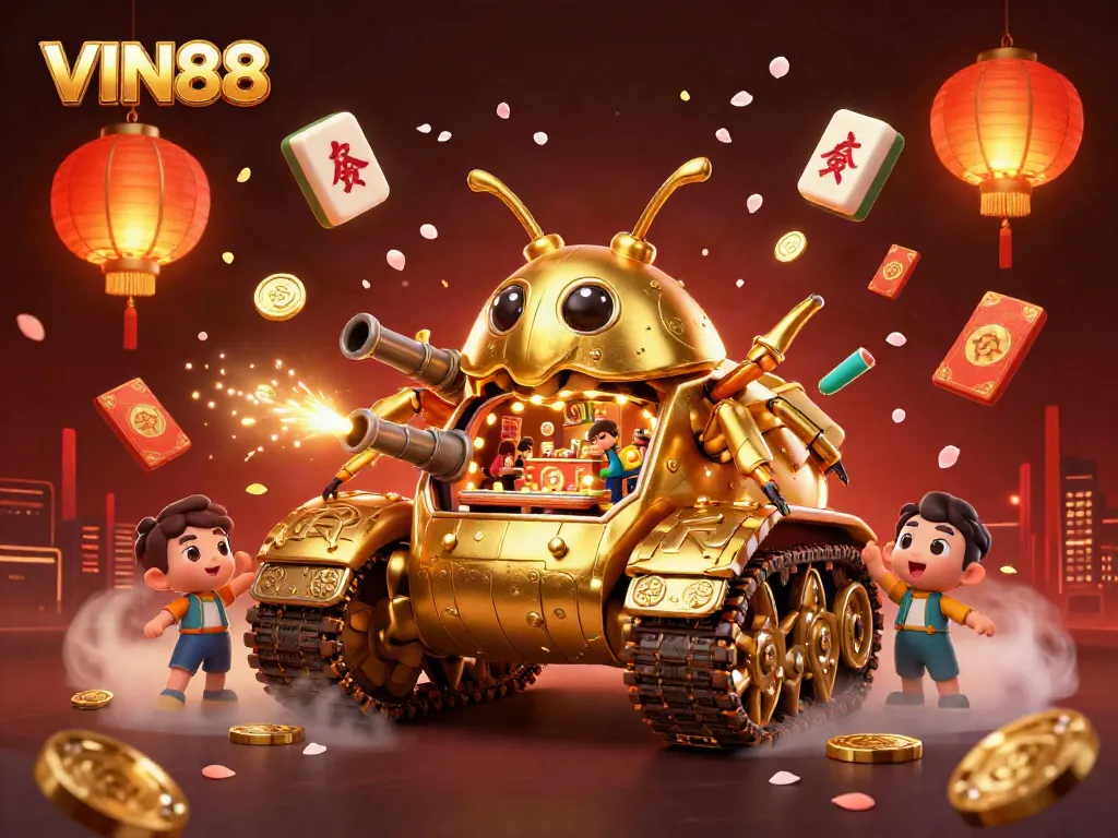 Experience the vibrant world of VIN88 with a golden casino beetle tank shooting confetti and coins.