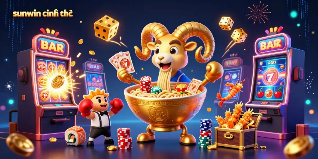 Engage with the sunwin chính thức platform through a vibrant casino-themed illustration showcasing exciting game elements.