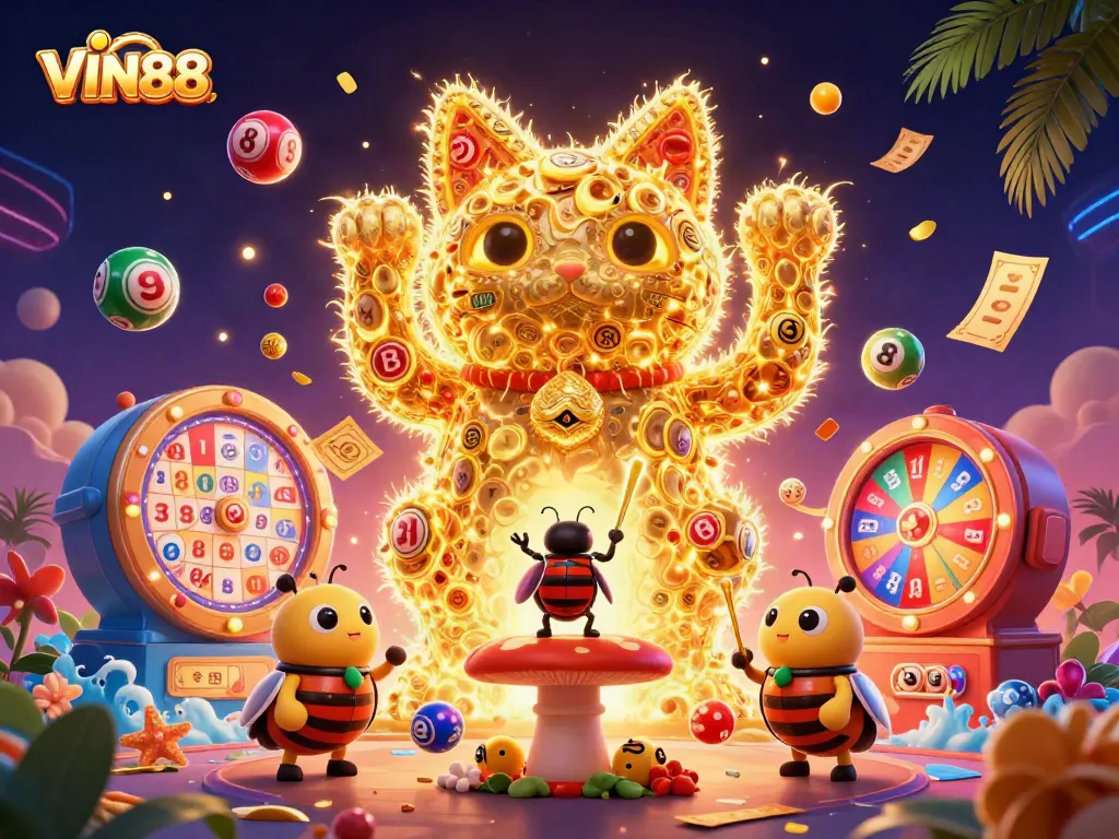 Spinning prize wheels and bursting lottery balls celebrating the thrill of winning at VIN88 casino.