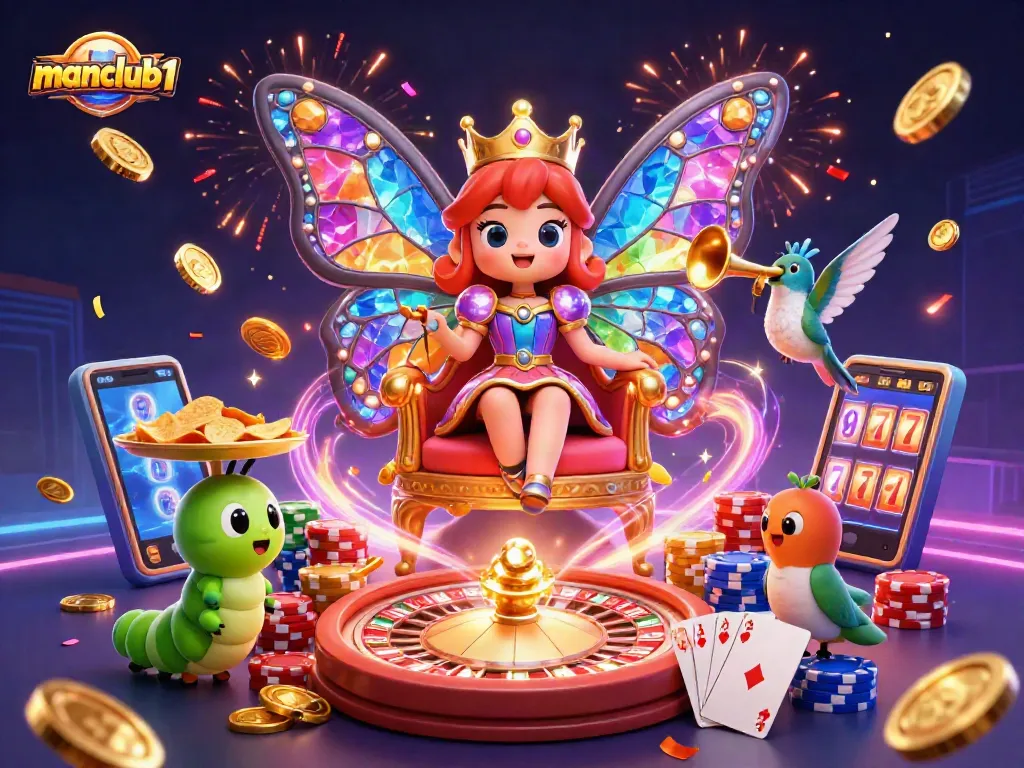 Experience the excitement of manclub1 with a vivid casino scene showcasing games and glowing treasures.