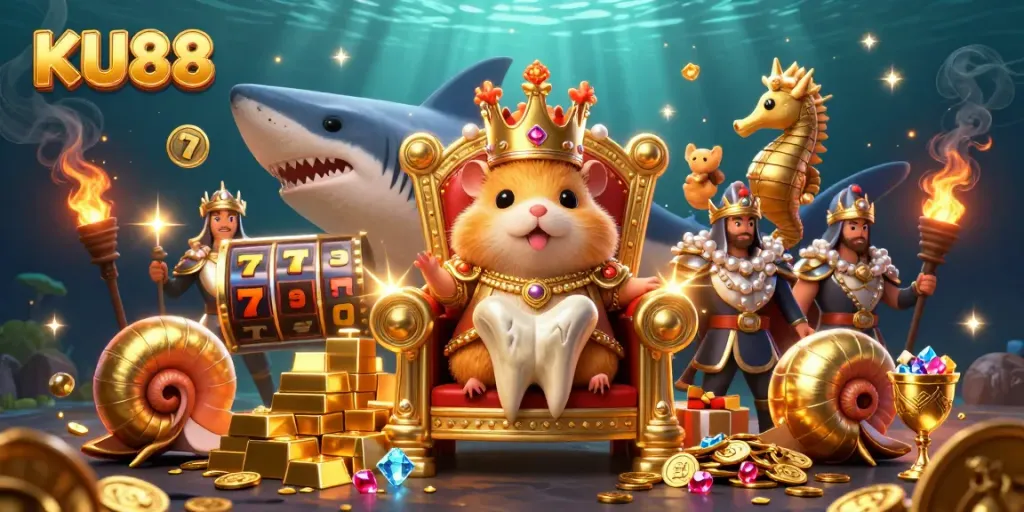 Watch the dazzling KU88 slot experience with golden hamster king and opulent treasures in a vibrant casino setting.