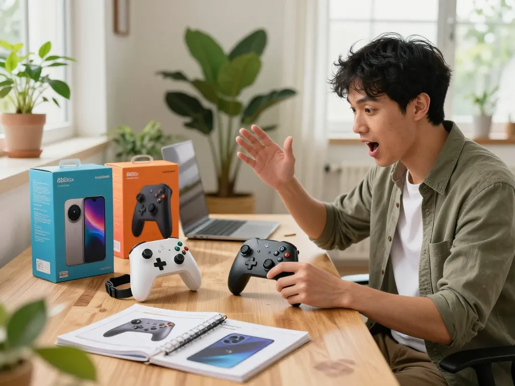 Showcasing innovative tech gadgets during home office exploration, featuring a controller and smartwatch.