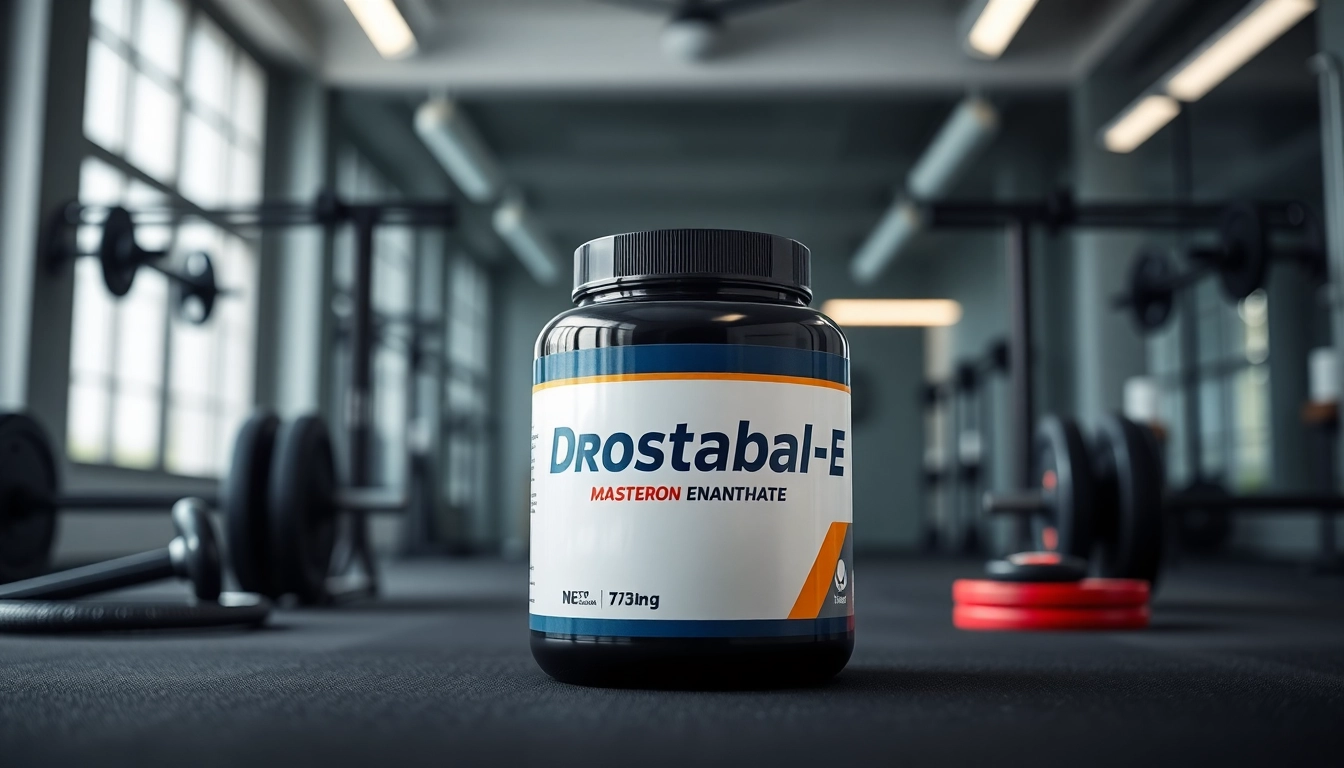 Drostabal-E Masteron Enanthate product showcase met opvallend ontwerp en texturen in een sportschoolomgeving.