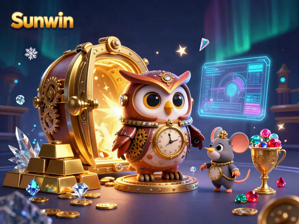 Experience the vibrant Sunwin casino realm with a steampunk owl and dazzling treasure vault.