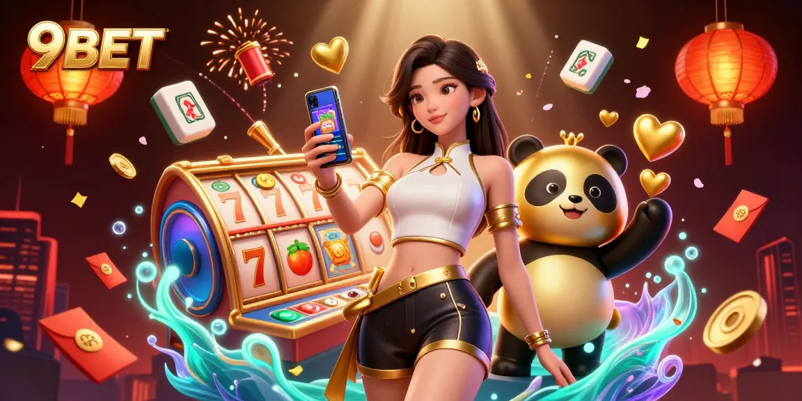 Engage with 9BET through vibrant casino gameplay, featuring a woman and a panda mascot.